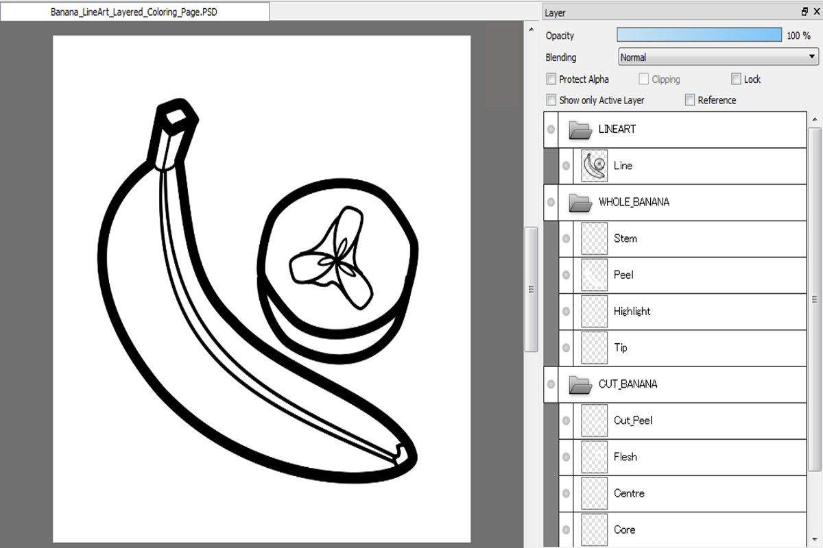 Banana Line Art Coloring Page (PSD Layered + PNG) | 4000&times;4000 px, 300 DPI